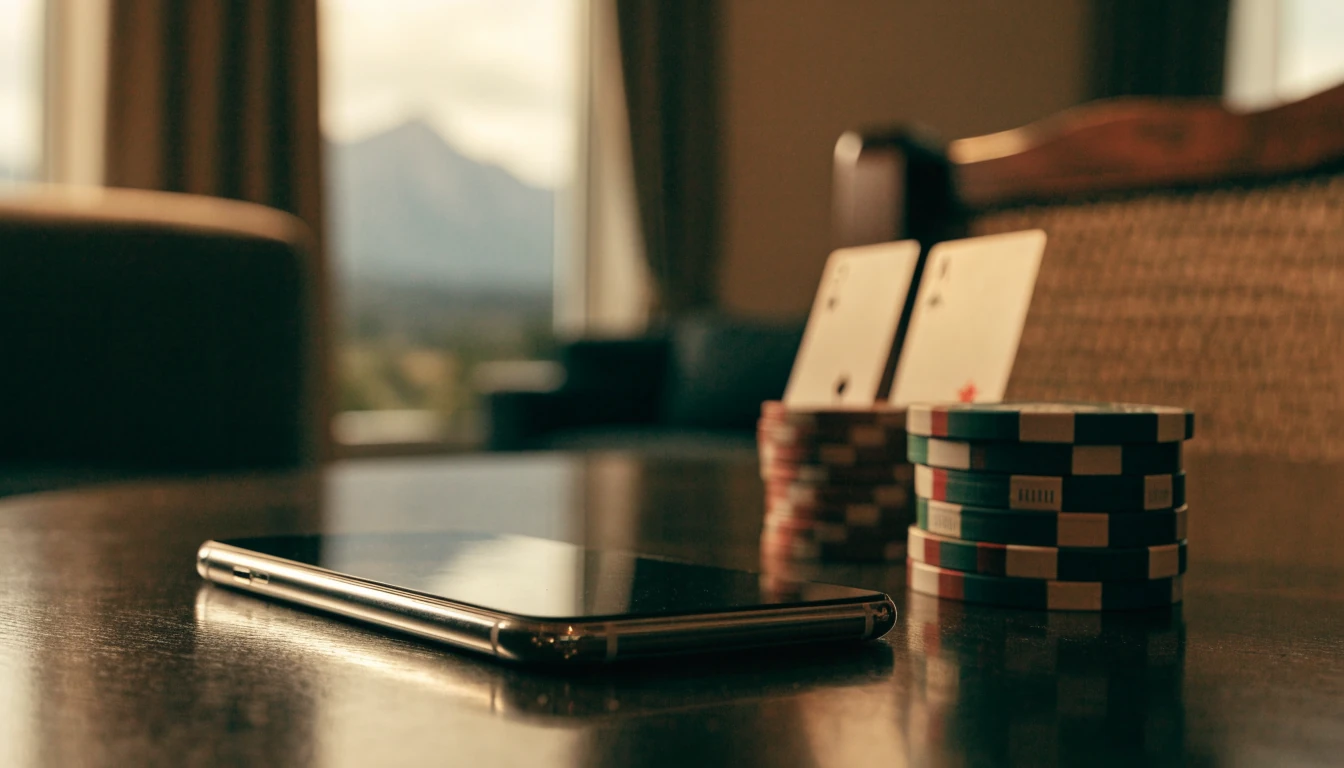 Smartphone with casino chips and cards on wooden table in New Zealand lounge