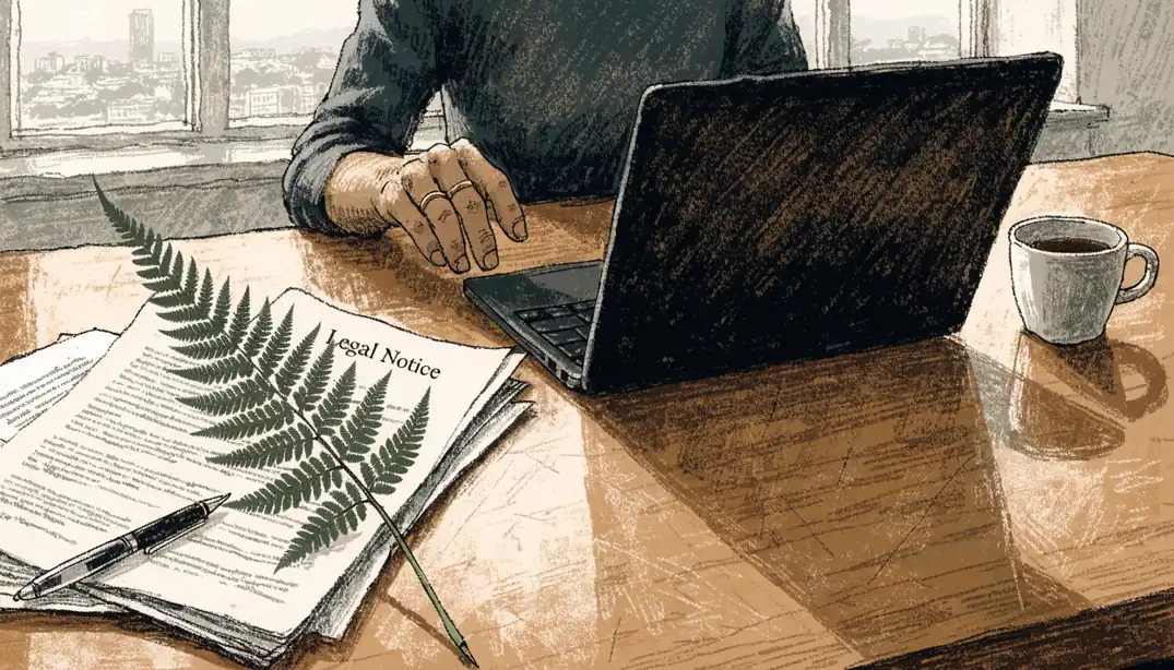 Laptop with legal documents and a silver fern on a desk near a window overlooking Auckland.