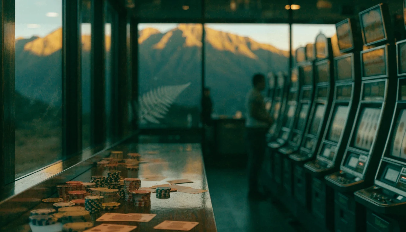 Modern New Zealand pokie lounge with mountain view at dusk