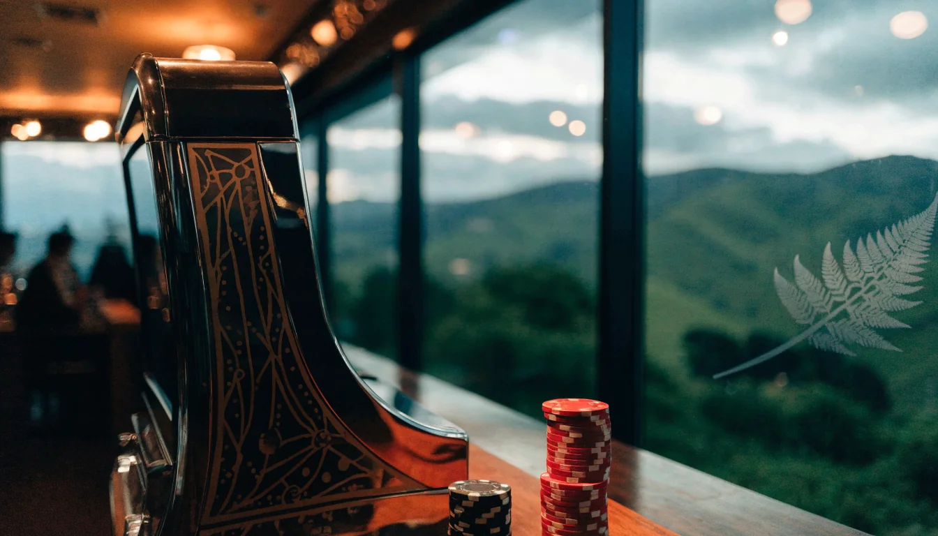 Modern slot machine in a New Zealand gaming lounge with casino chips and hillside view