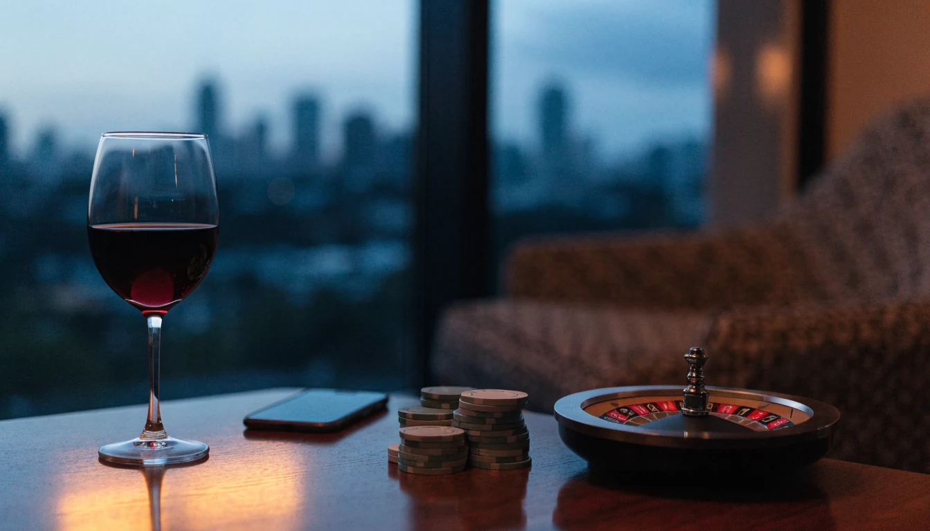 Casino chips and roulette wheel on a table in a modern New Zealand apartment at dusk