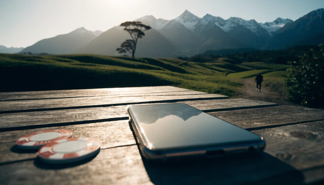 Smartphone face-down on a table with New Zealand hills and sunset behind