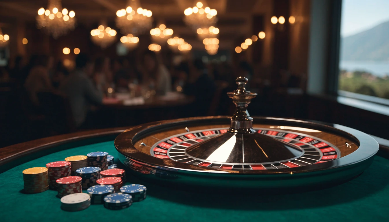 Elegant roulette wheel on a casino table with chips, warm golden lighting, New Zealand landscape hints in background.