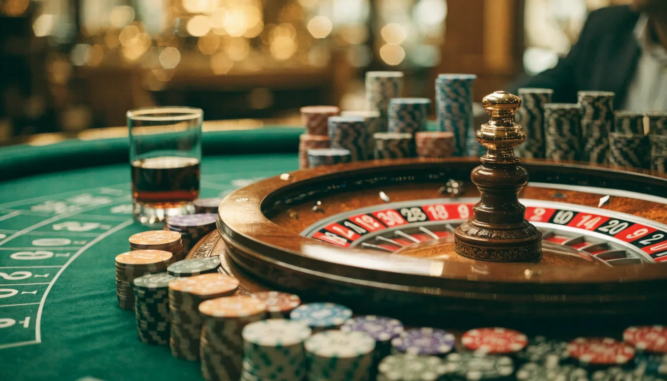 Elegant roulette wheel with casino chips on green felt table in luxurious setting