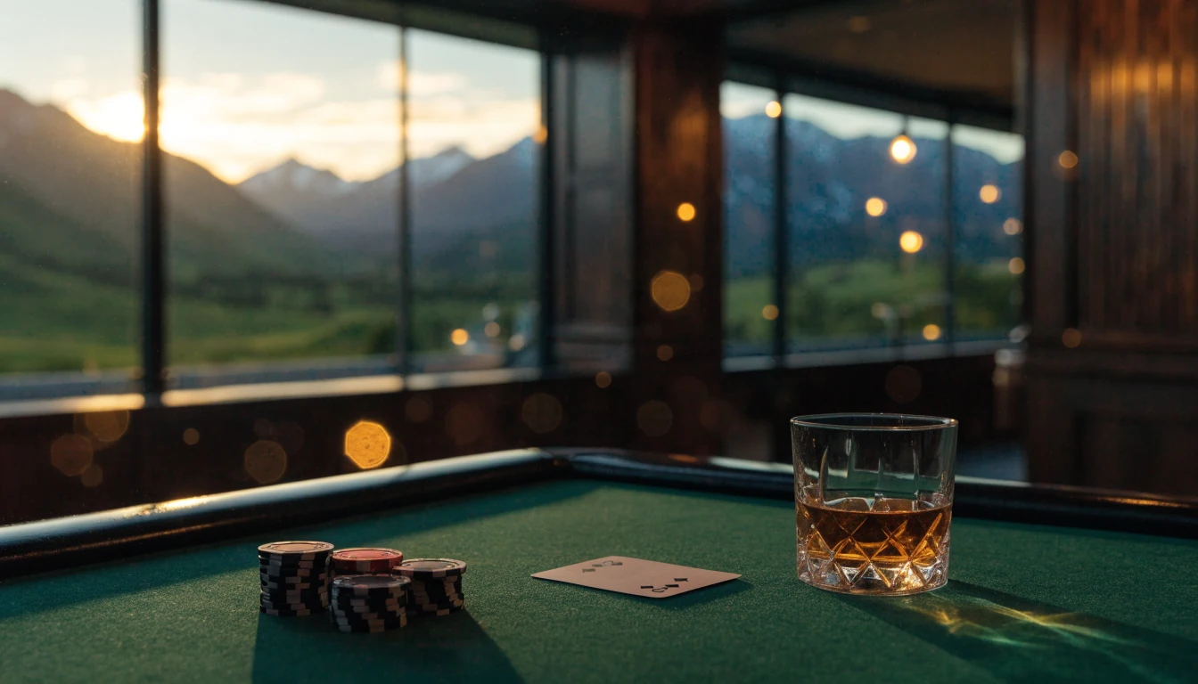 Stylish casino lounge with chips on a felt table, overlooking New Zealand hills at sunset