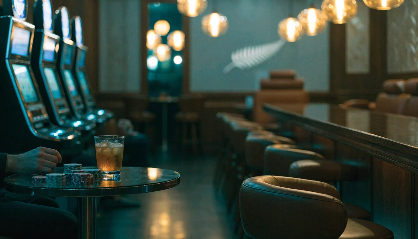 Modern New Zealand casino lounge with slot machines and warm ambient lighting
