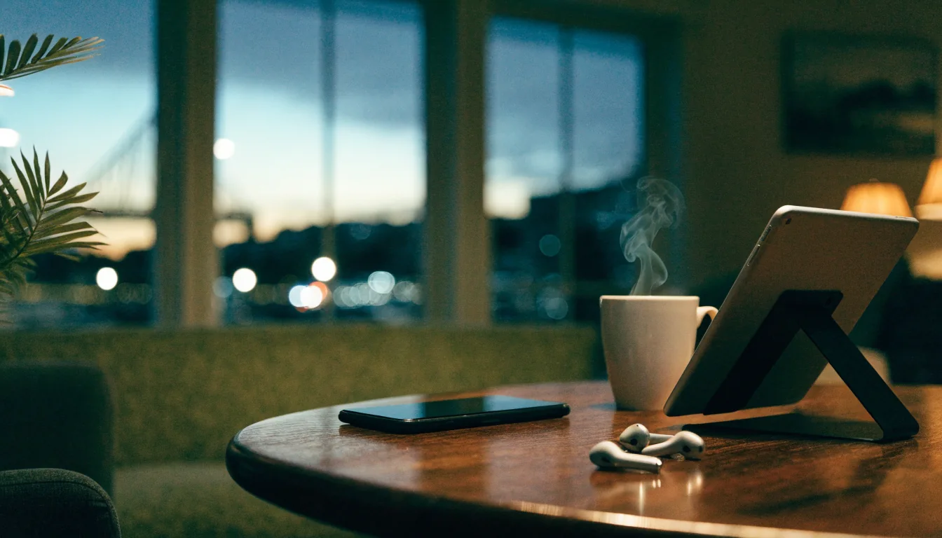 Smartphone and tablet on a table in a New Zealand home at dusk