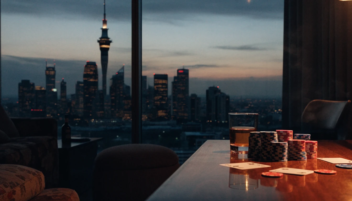 Casino chips, playing cards, and whisky on a table overlooking Auckland skyline at dusk.