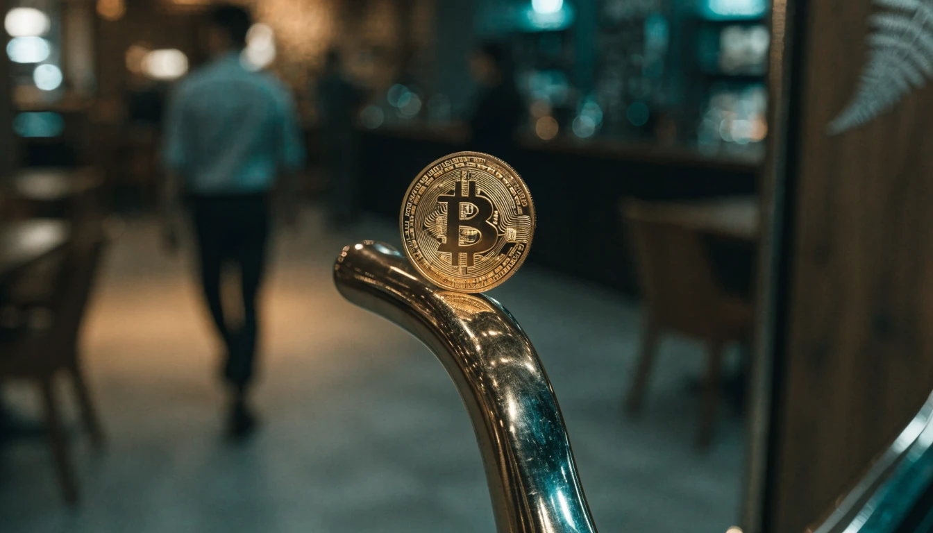 Golden Bitcoin on a slot machine lever in a New Zealand casino lounge