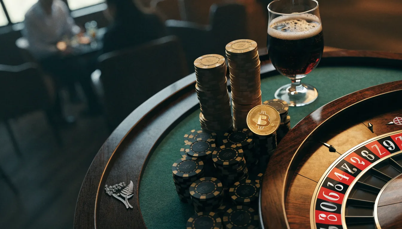 Casino roulette wheel with Bitcoin coin among chips in a New Zealand lounge