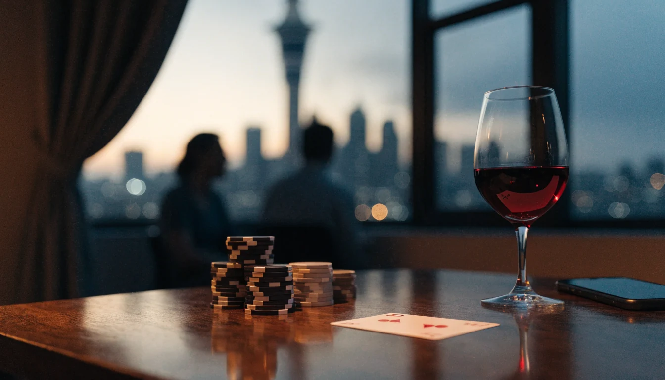 Casino chips and a card on a table with Auckland skyline at dusk