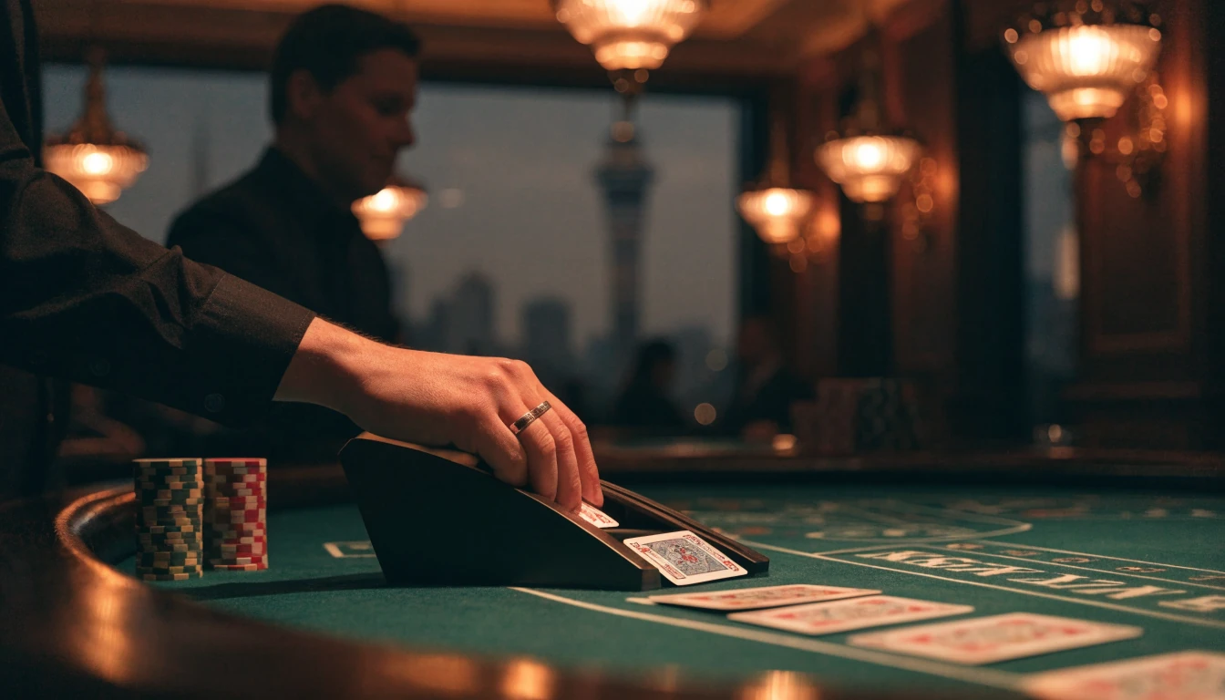 Blackjack table in a New Zealand casino with dealer and chips