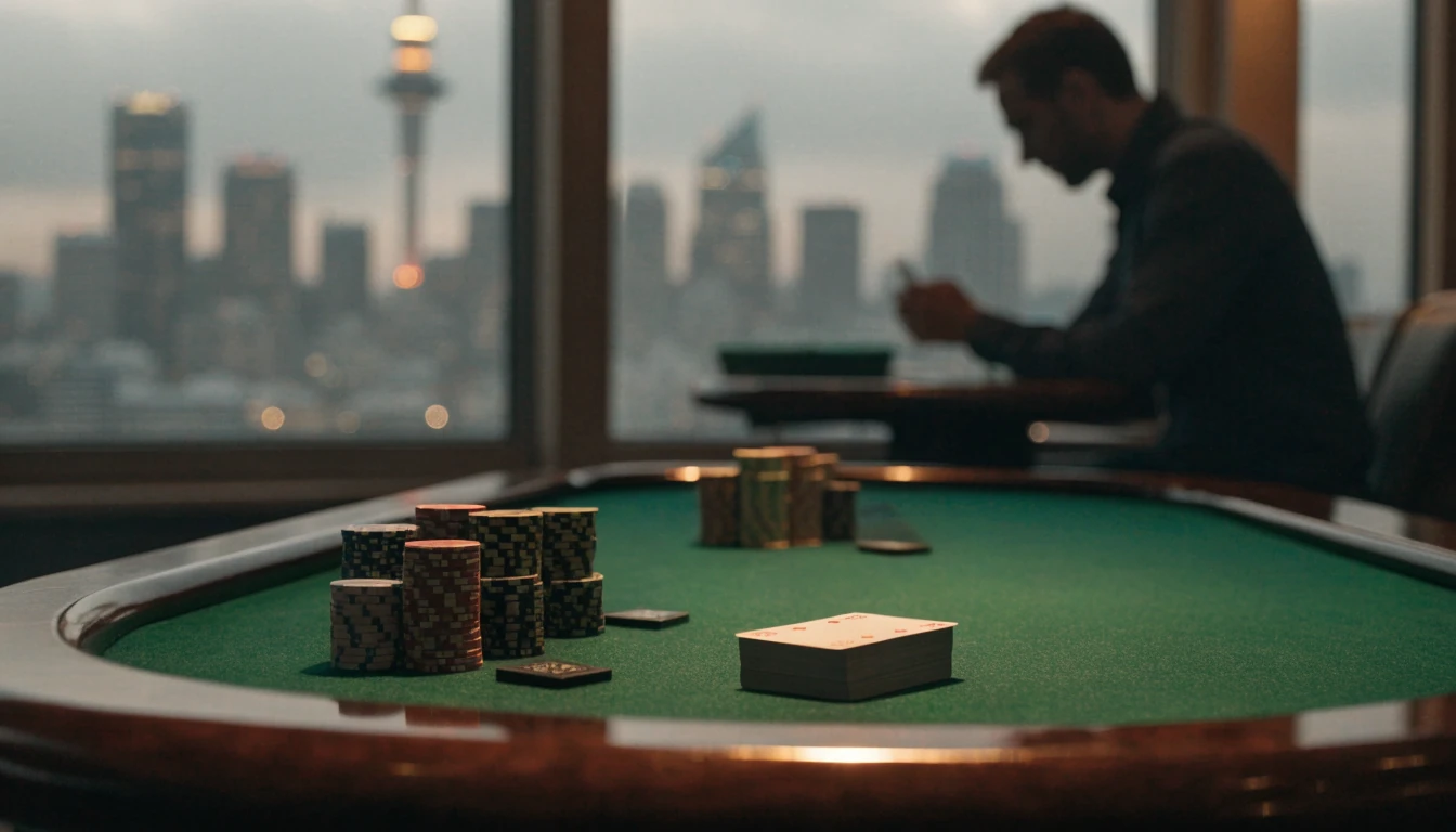 Blackjack table with chips near an Auckland casino window