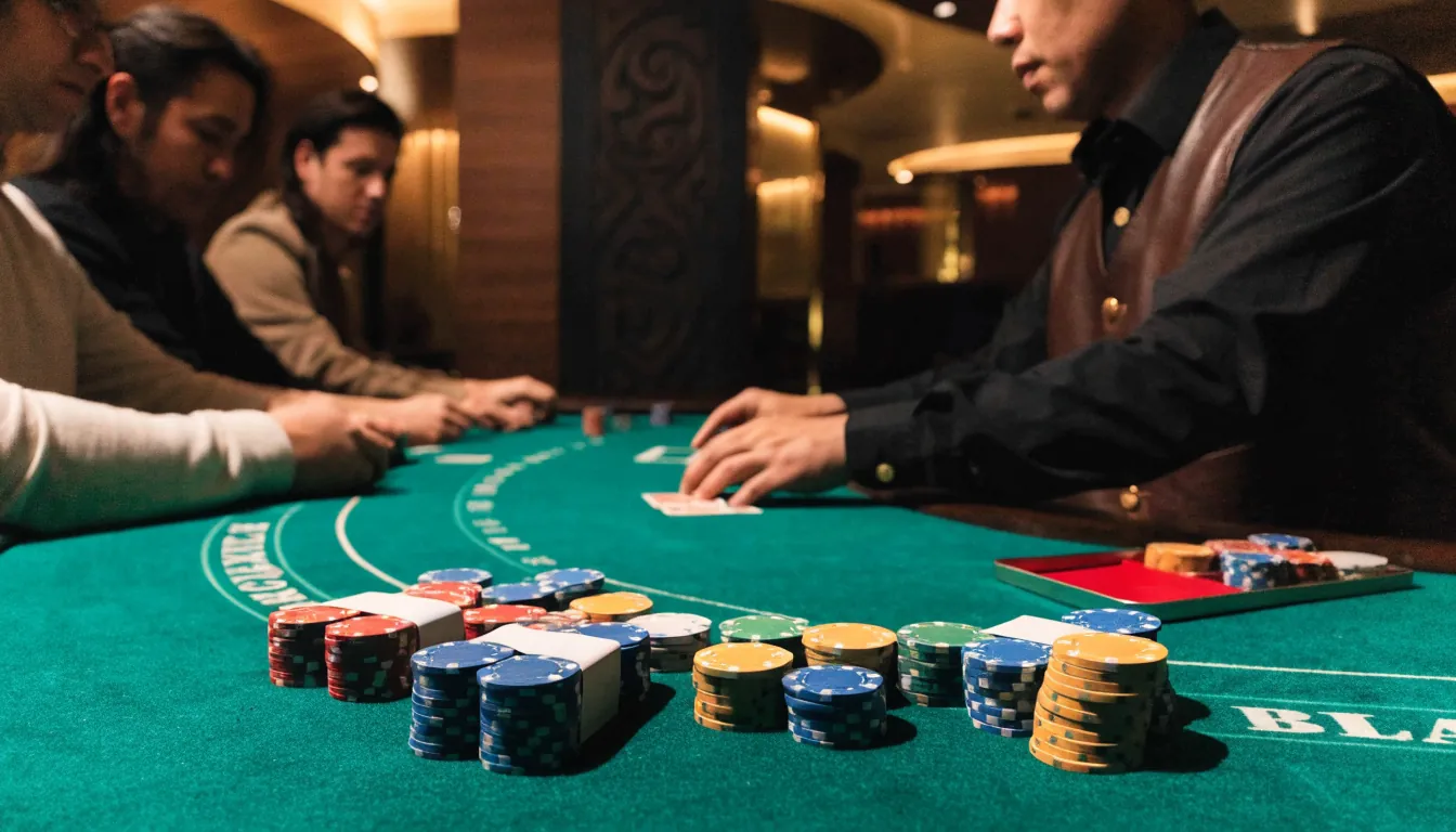 Blackjack table in a modern New Zealand casino with dealer and players