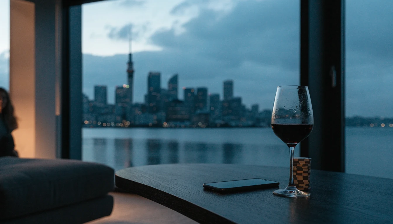 Smartphone face-down on a table with casino chips and wine, overlooking Auckland harbor at dusk