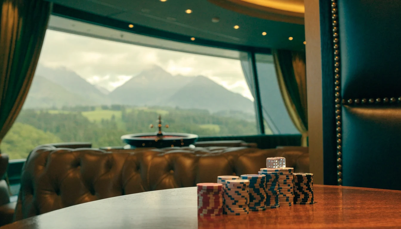 Elegant VIP casino lounge with chip stacks, roulette wheel, and New Zealand landscape through the window