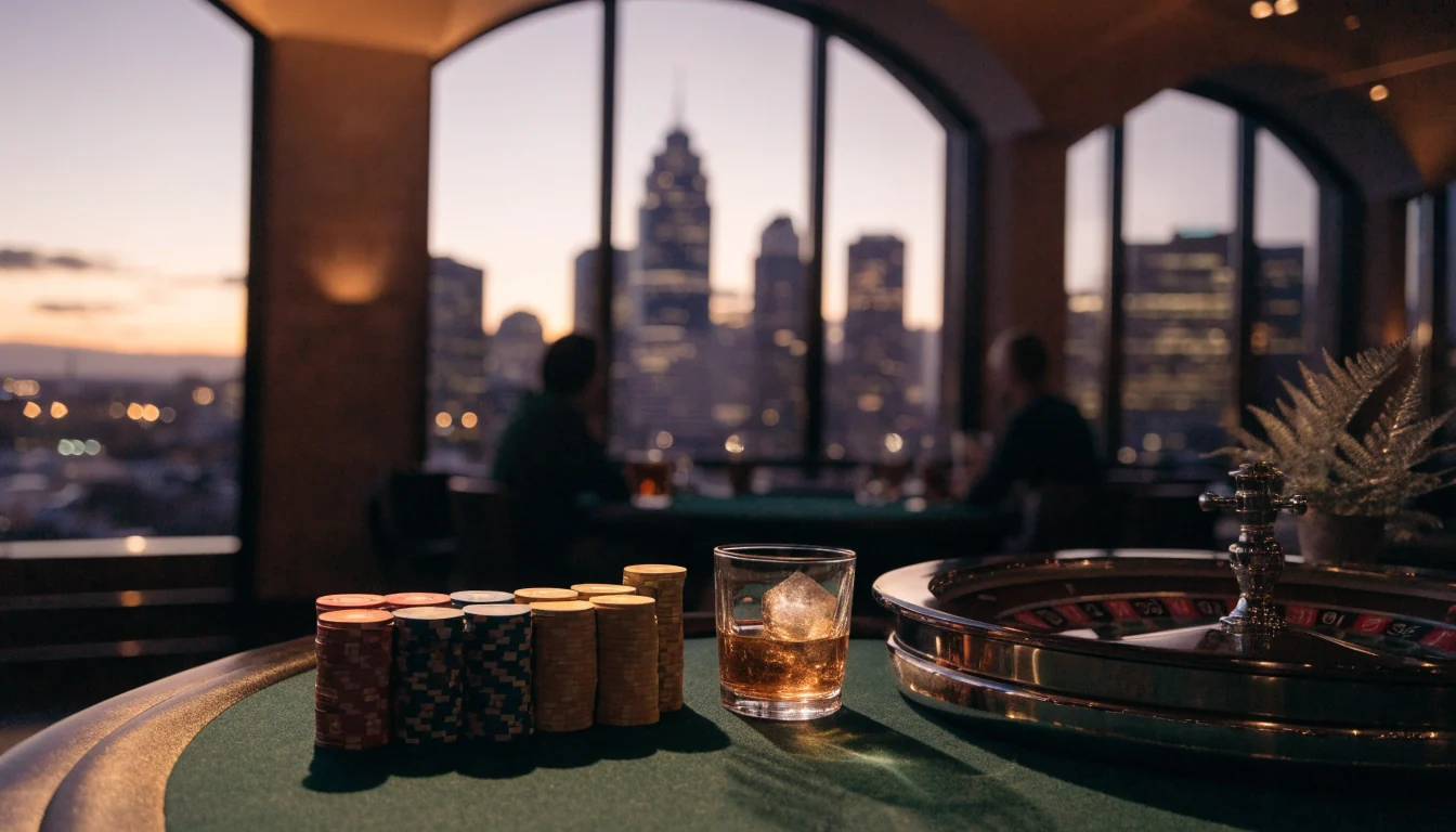 Casino chips and roulette wheel with Auckland skyline at twilight