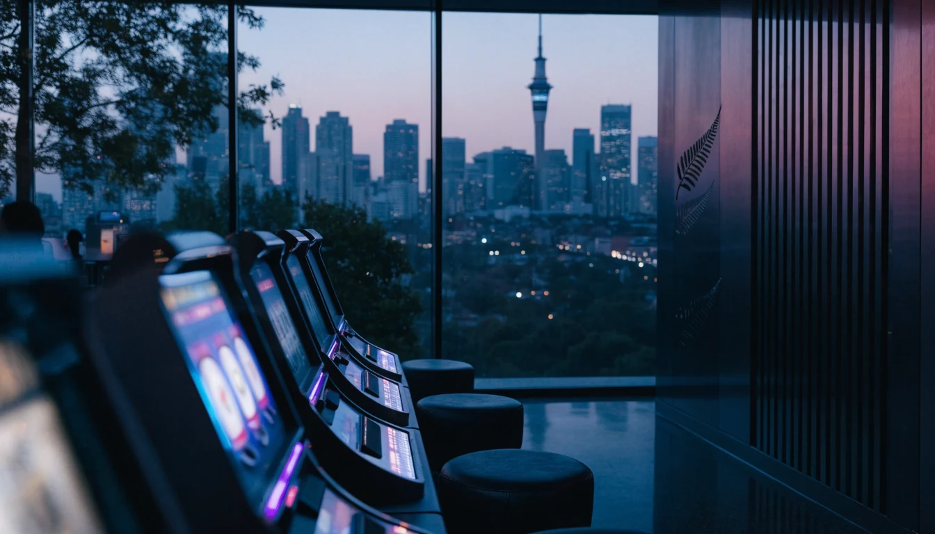 Modern New Zealand casino interior with glowing slot machines and Auckland skyline view