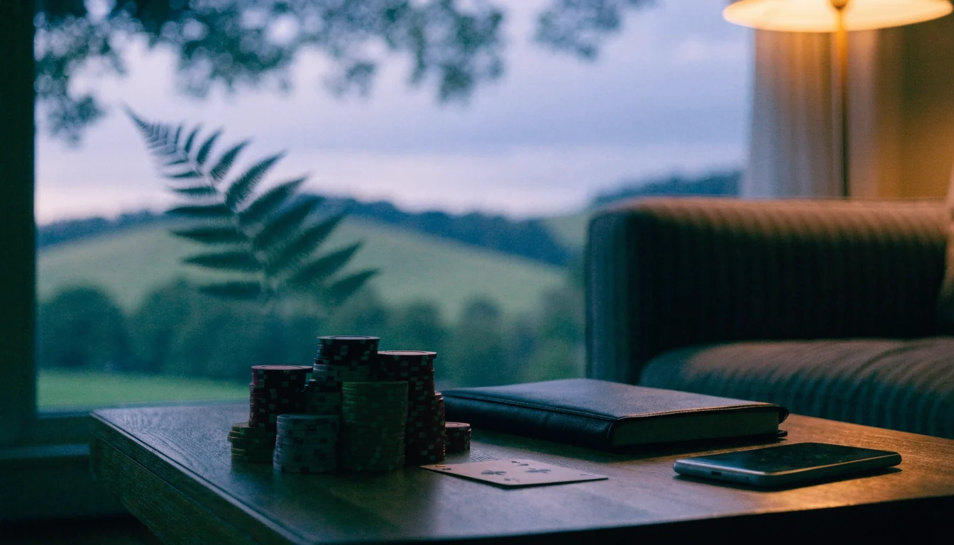 Casino chips and a notebook on a New Zealand coffee table at dusk