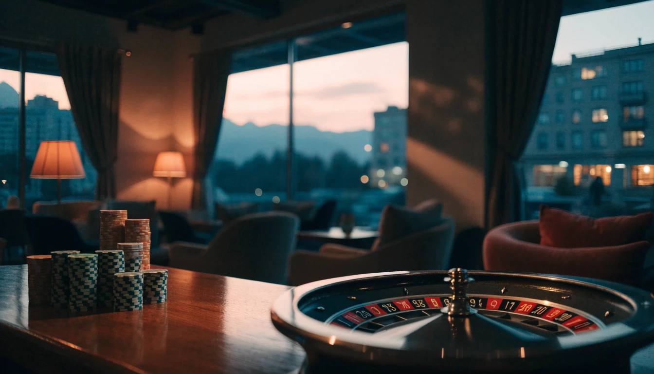 Stylized casino lounge interior with roulette wheel and chips, New Zealand evening atmosphere