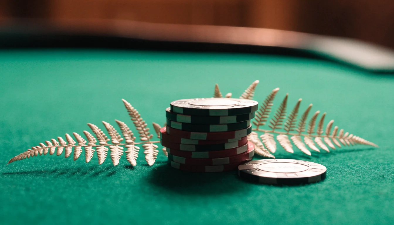 Stacked casino chips on green felt with silver fern accents, New Zealand casino atmosphere.