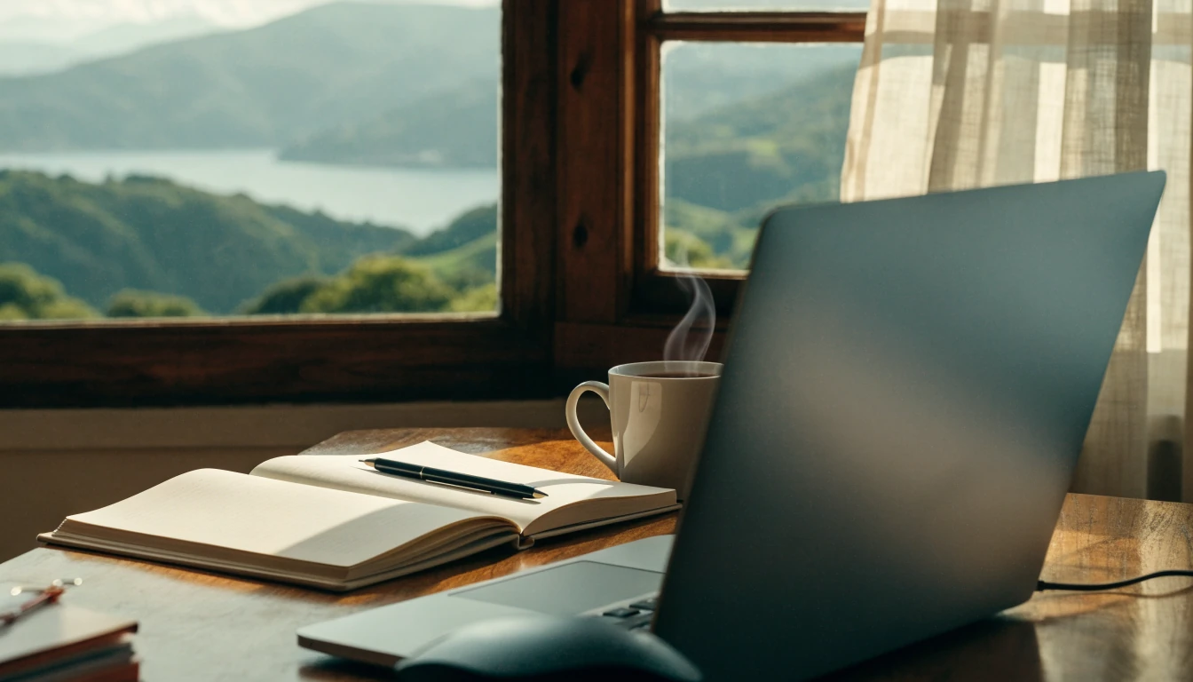 Sunlit New Zealand home office desk with notebook, pen and coffee by a window overlooking green hills.