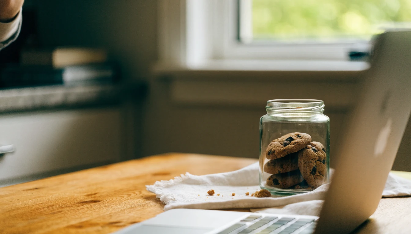 Glass jar of cookies beside a laptop on a wooden kitchen table