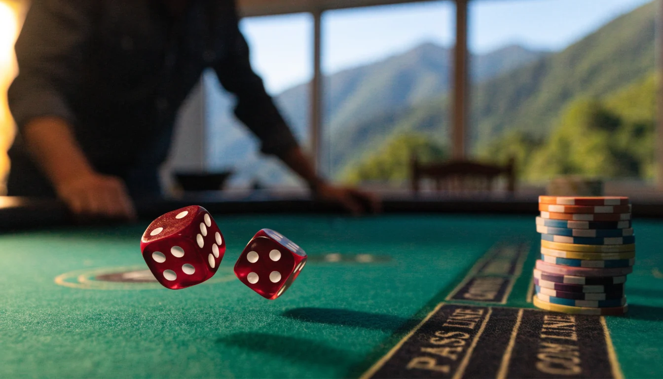 Red dice rolling on a craps table with chips, New Zealand landscape behind