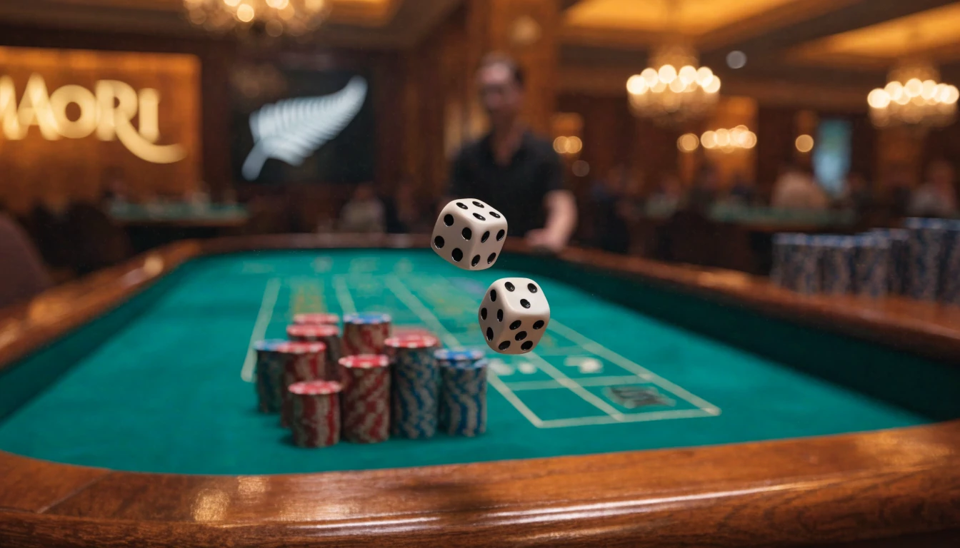 Craps dice rolling over a green casino table with chips