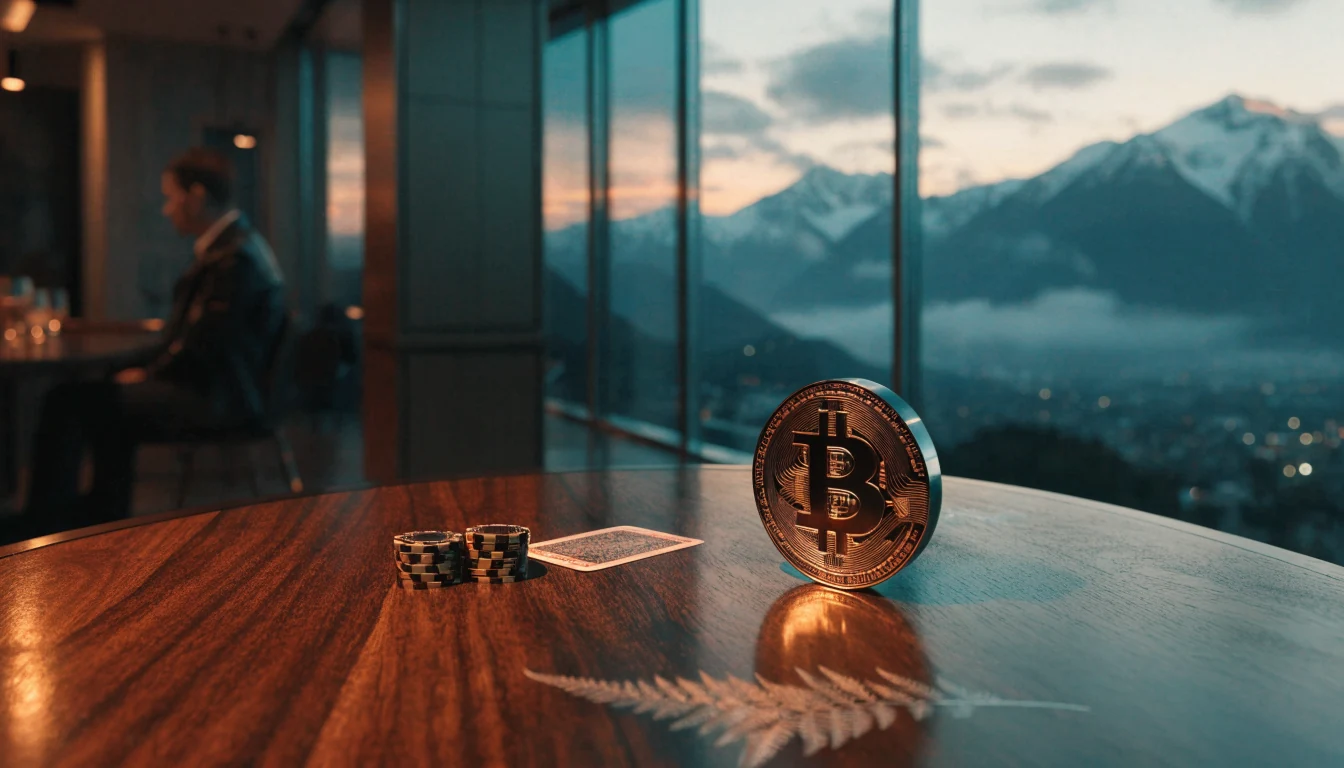 Crypto casino lounge scene in New Zealand with Bitcoin token and gold chips