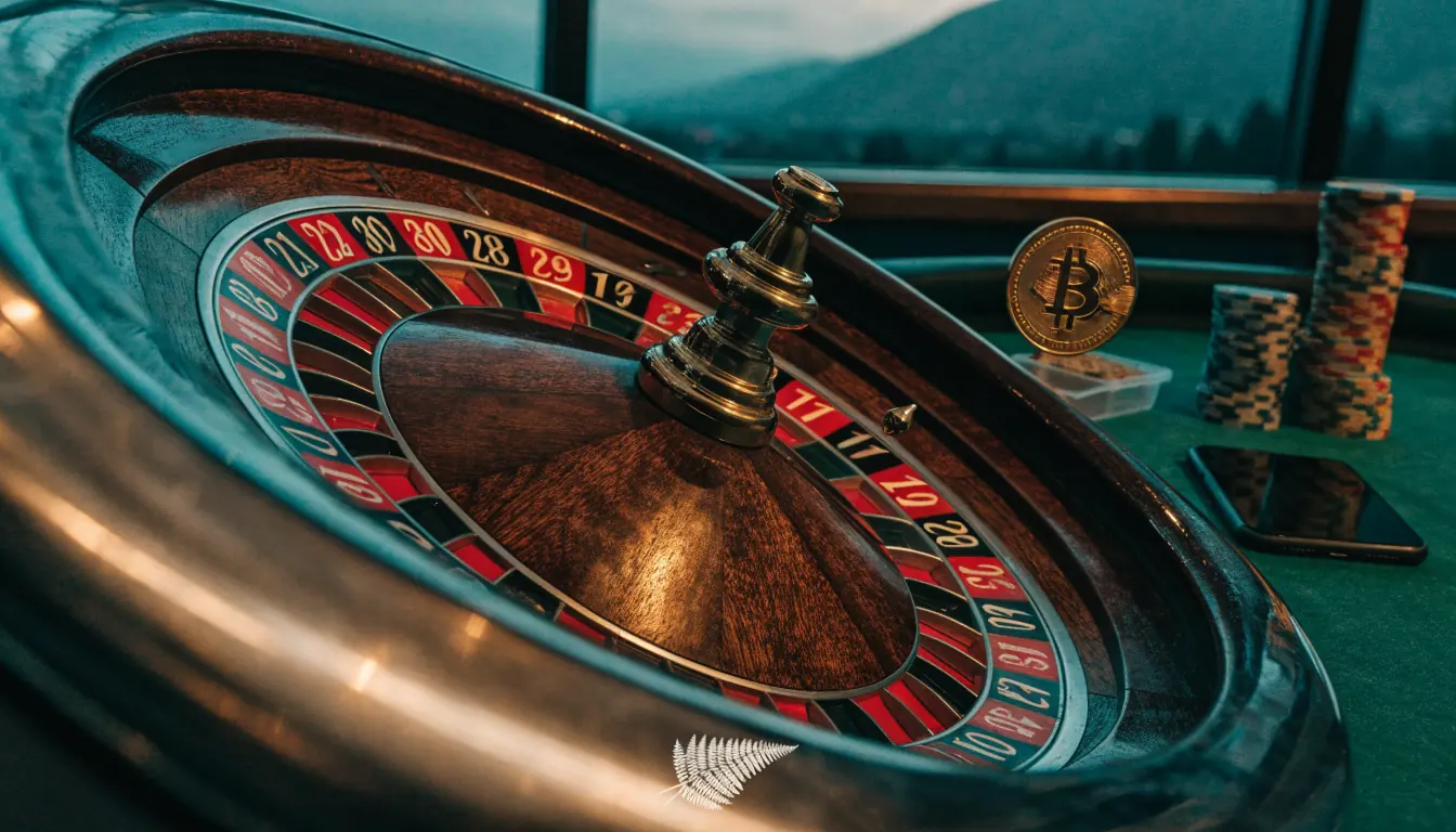 Roulette wheel with Bitcoin token, casino chips and New Zealand fern motif