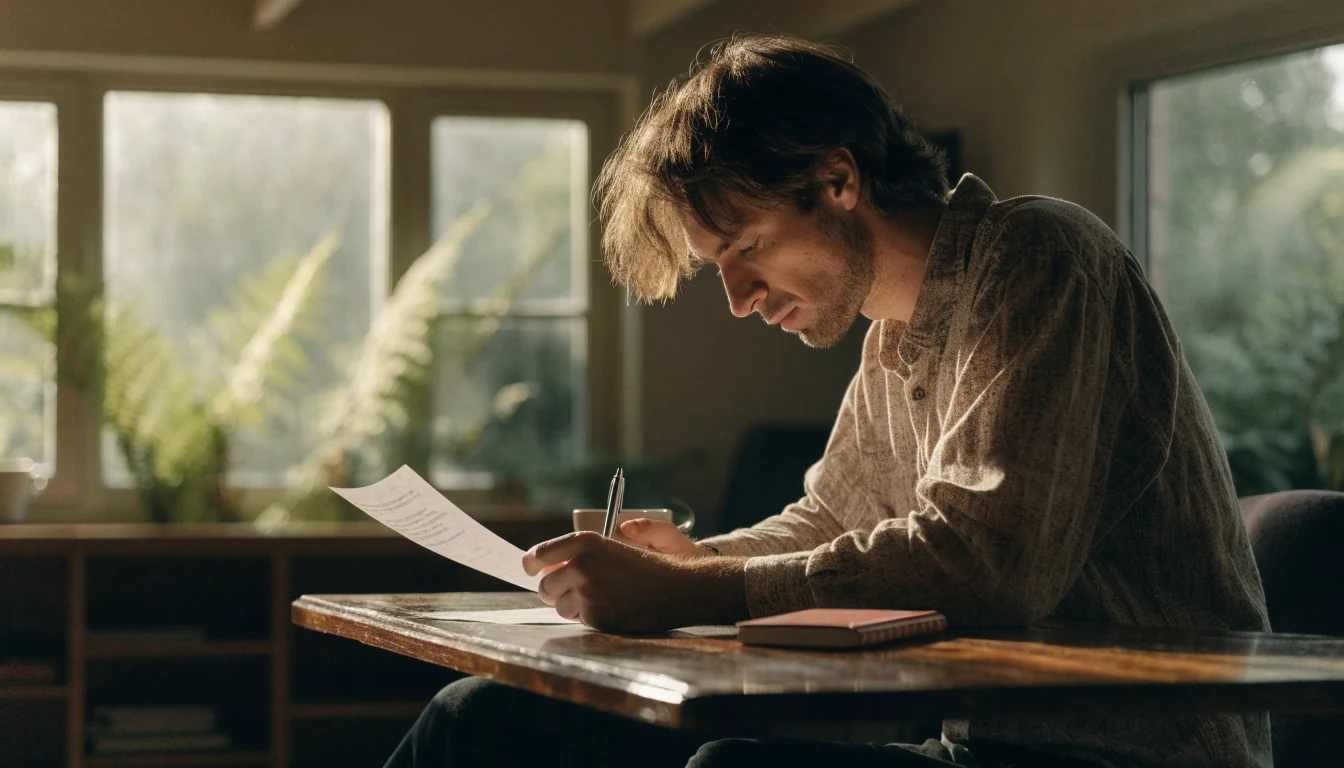 Person thoughtfully reading a disclaimer document at a desk in New Zealand.