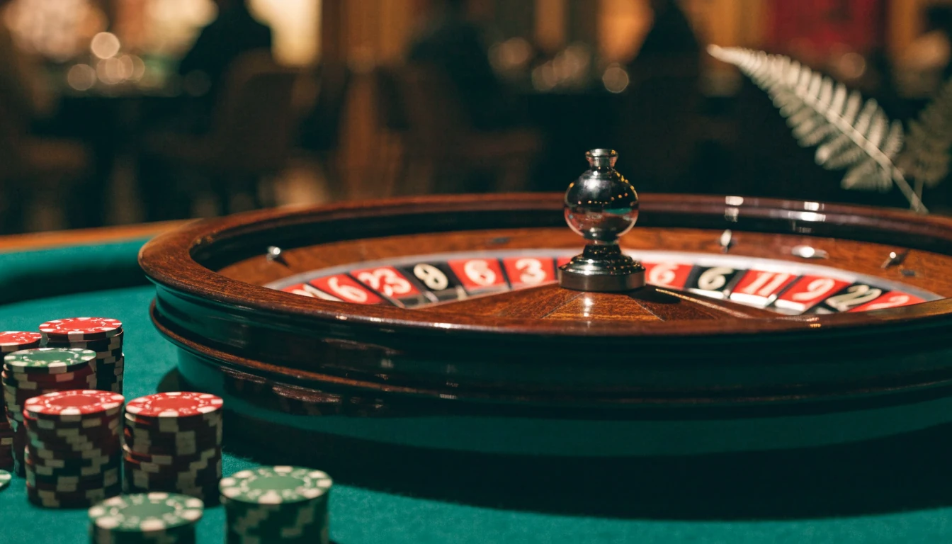 European roulette wheel with single zero and casino chips on green felt