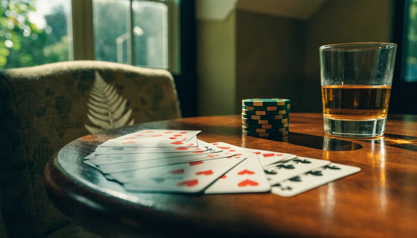 Playing cards fanned on a wooden table with stacked chips, styled in a New Zealand home game room.