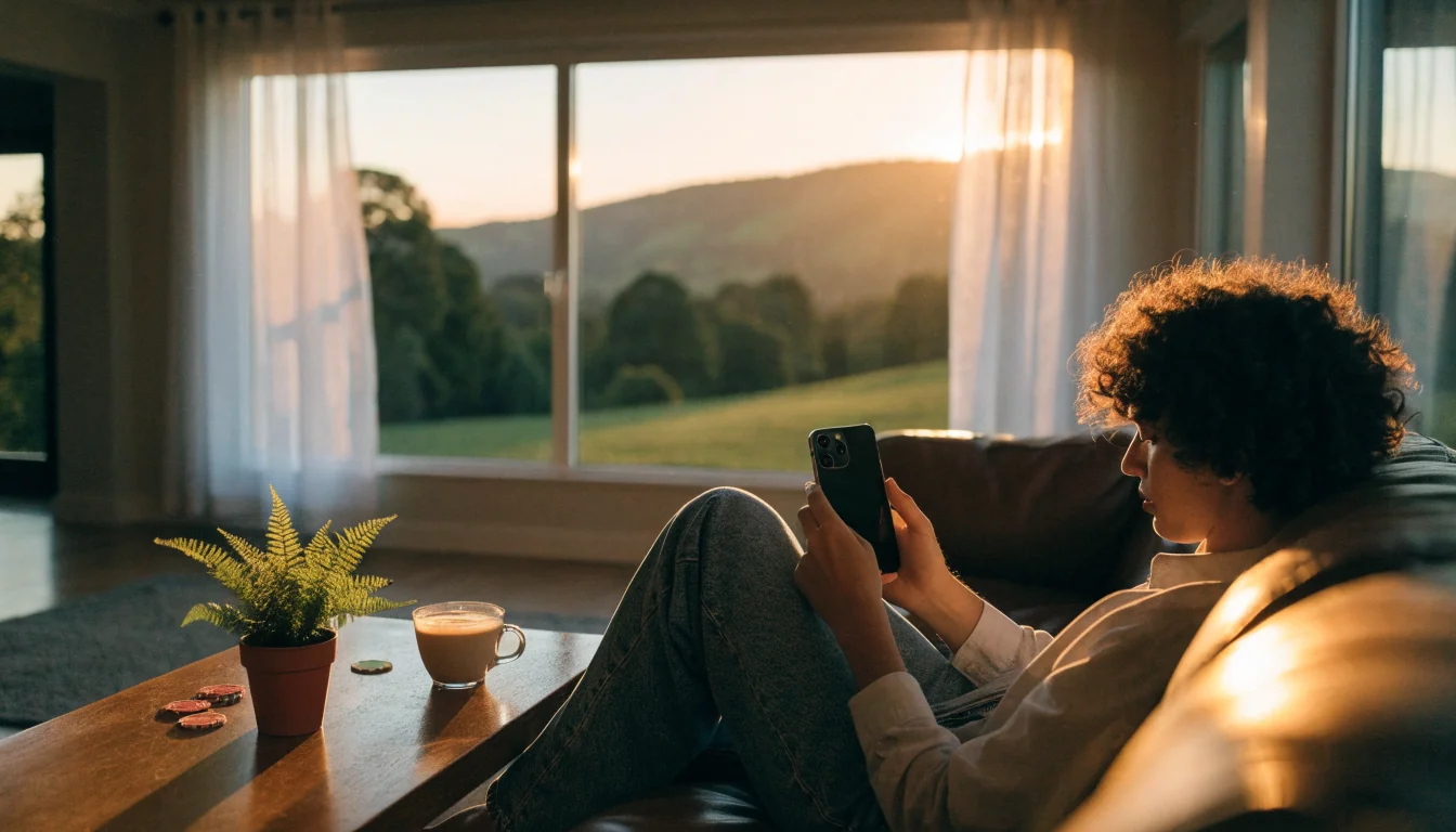 Person relaxing in New Zealand home with smartphone and casino chips on table