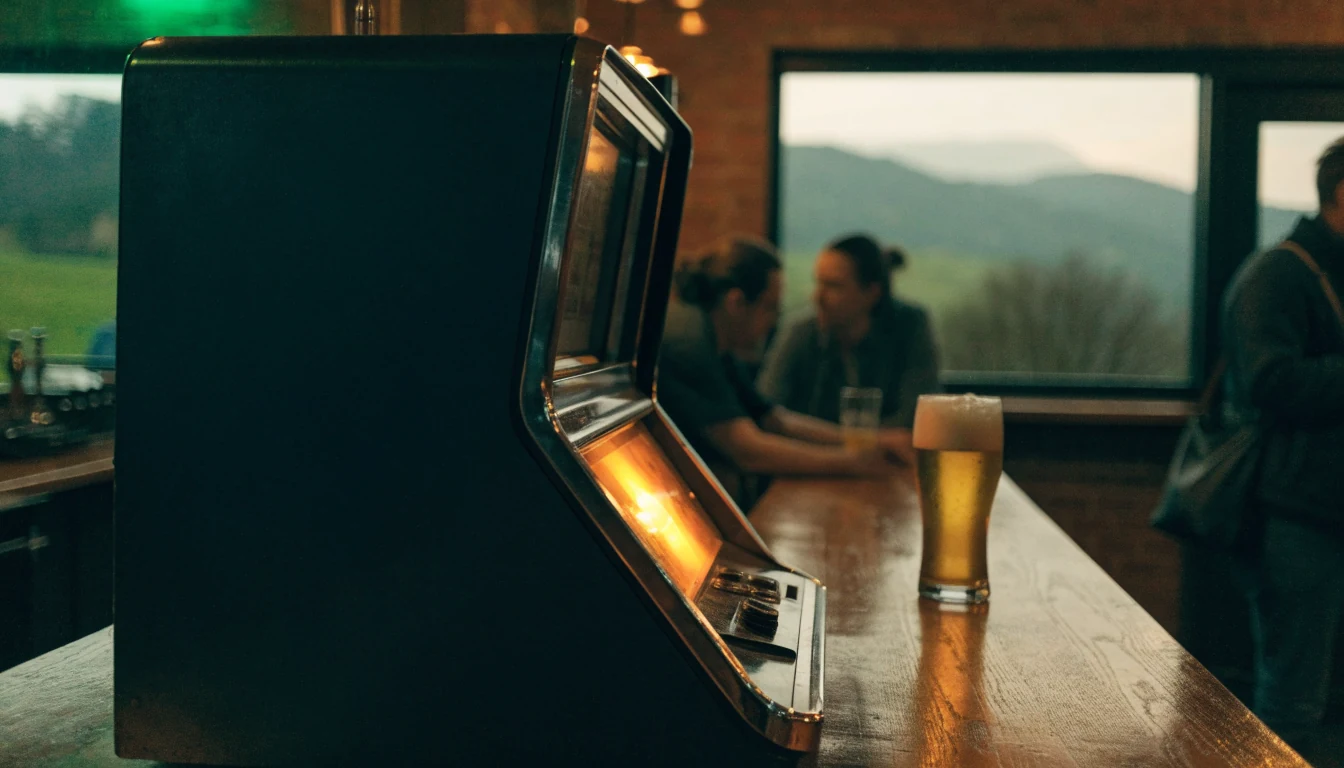 Glowing slot machine in a warm New Zealand pub at dusk