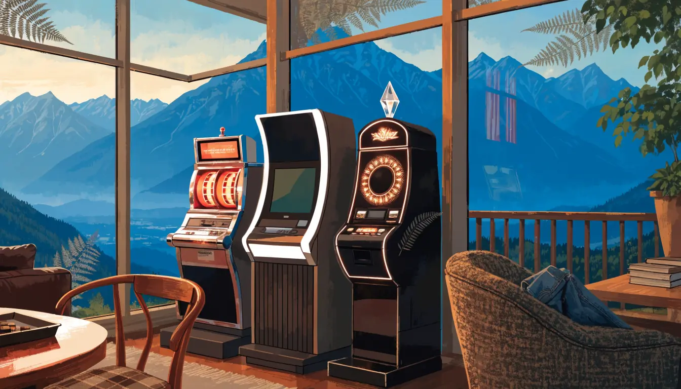 Three different slot machines in a New Zealand lounge with mountain view