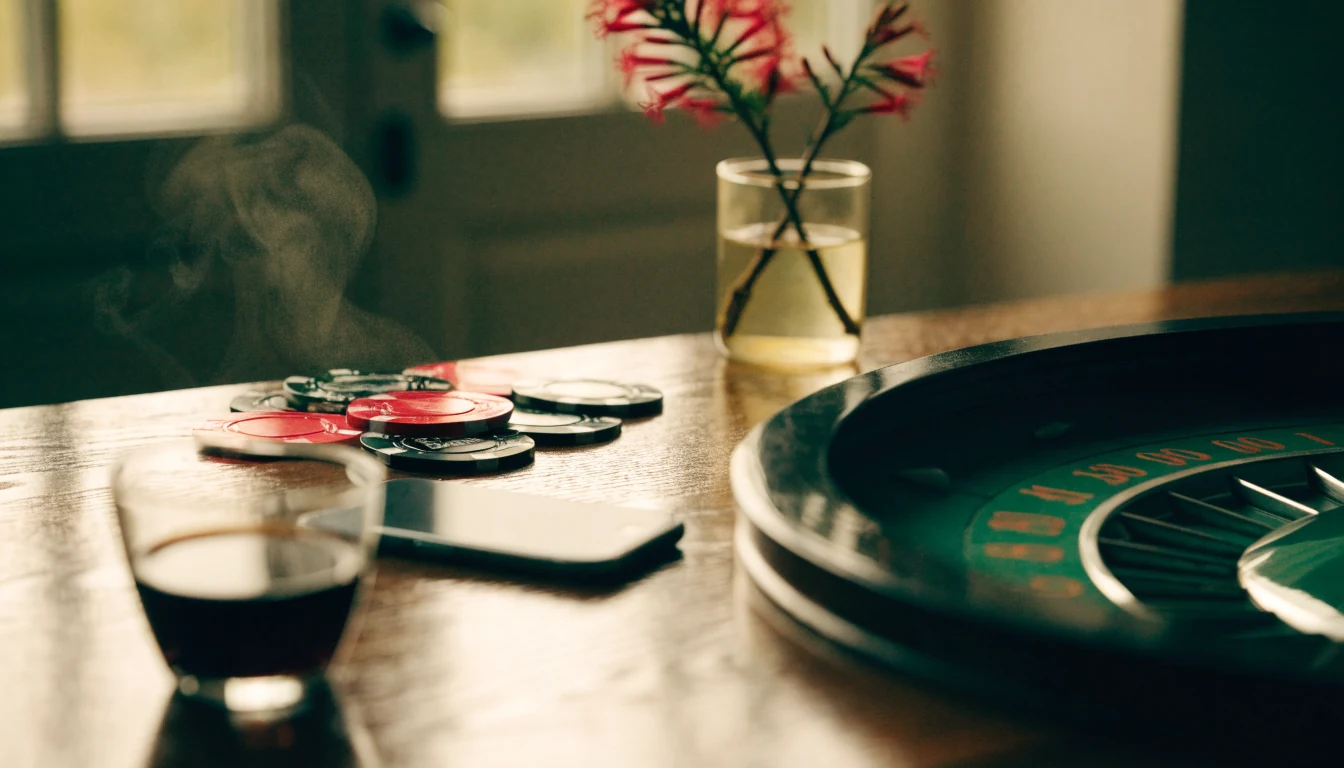 Casino chips, roulette wheel and a face-down phone on a wooden table in a New Zealand home.