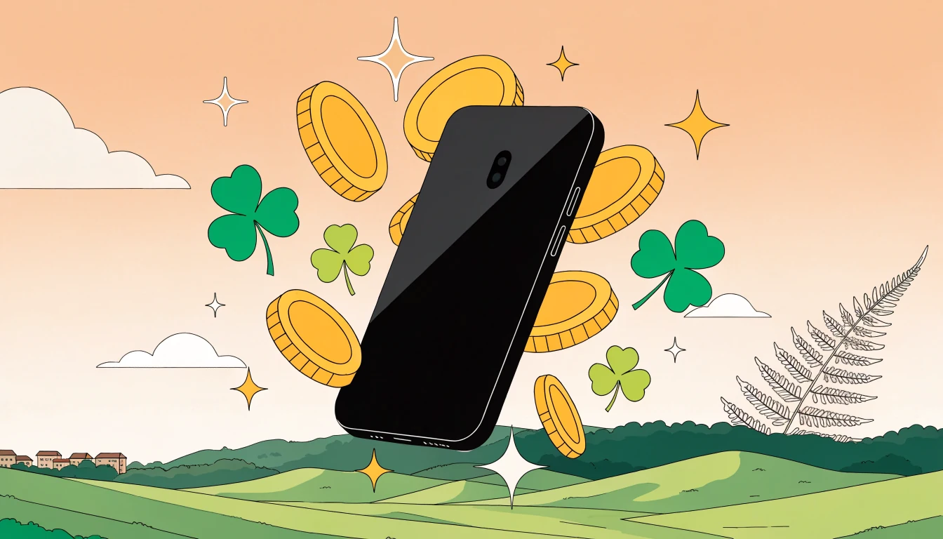 Smartphone with golden coins and New Zealand fern leaves illustration