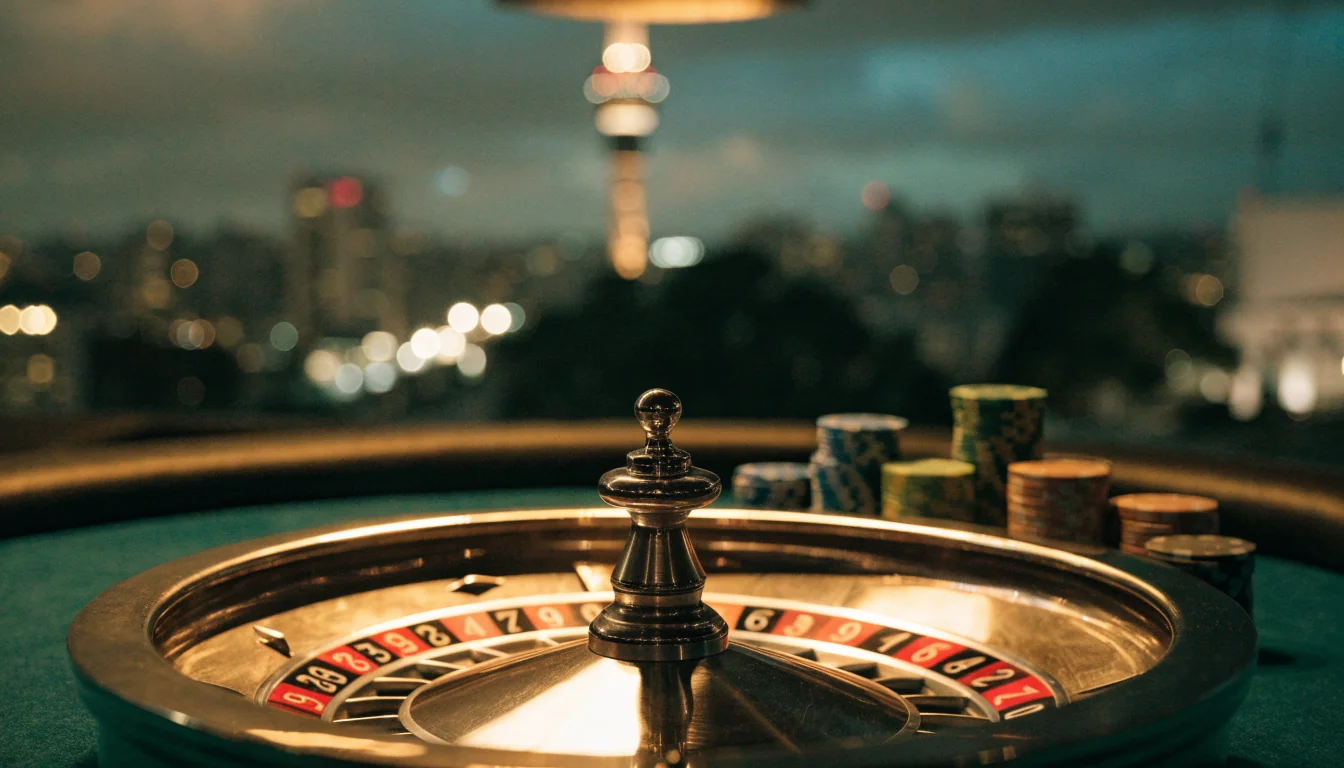 French roulette wheel on casino table with Auckland skyline at night