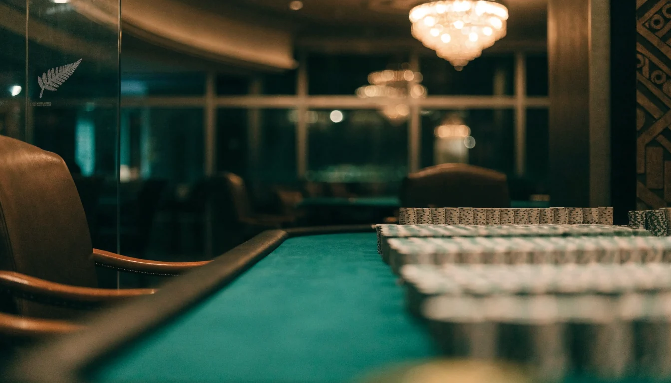 Luxurious casino VIP lounge with stacked chips and New Zealand decor accents.