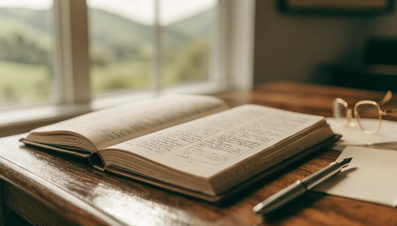 Legal ledger book on wooden desk with New Zealand hills visible through window.