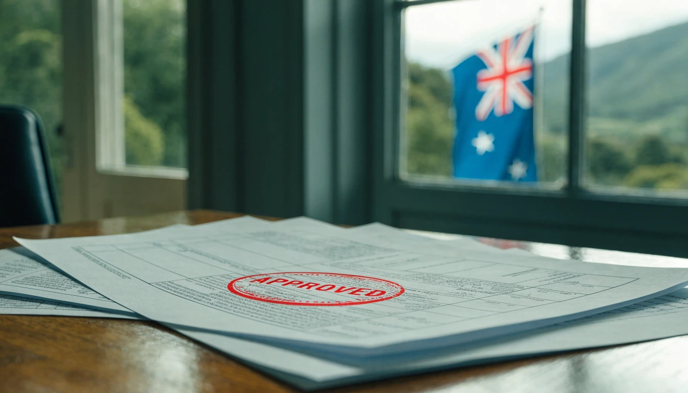 Stamped licensing paperwork on a desk with a New Zealand flag in the background