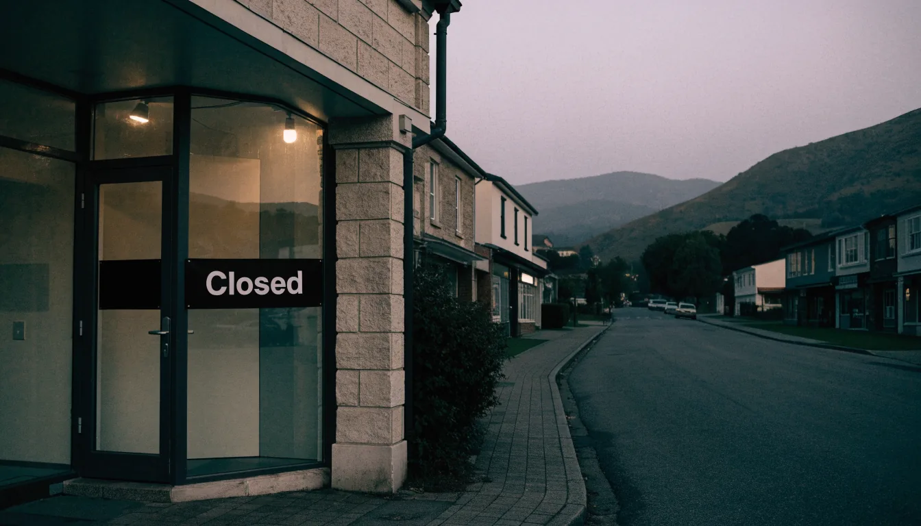 Closed storefront at dusk on a quiet New Zealand street