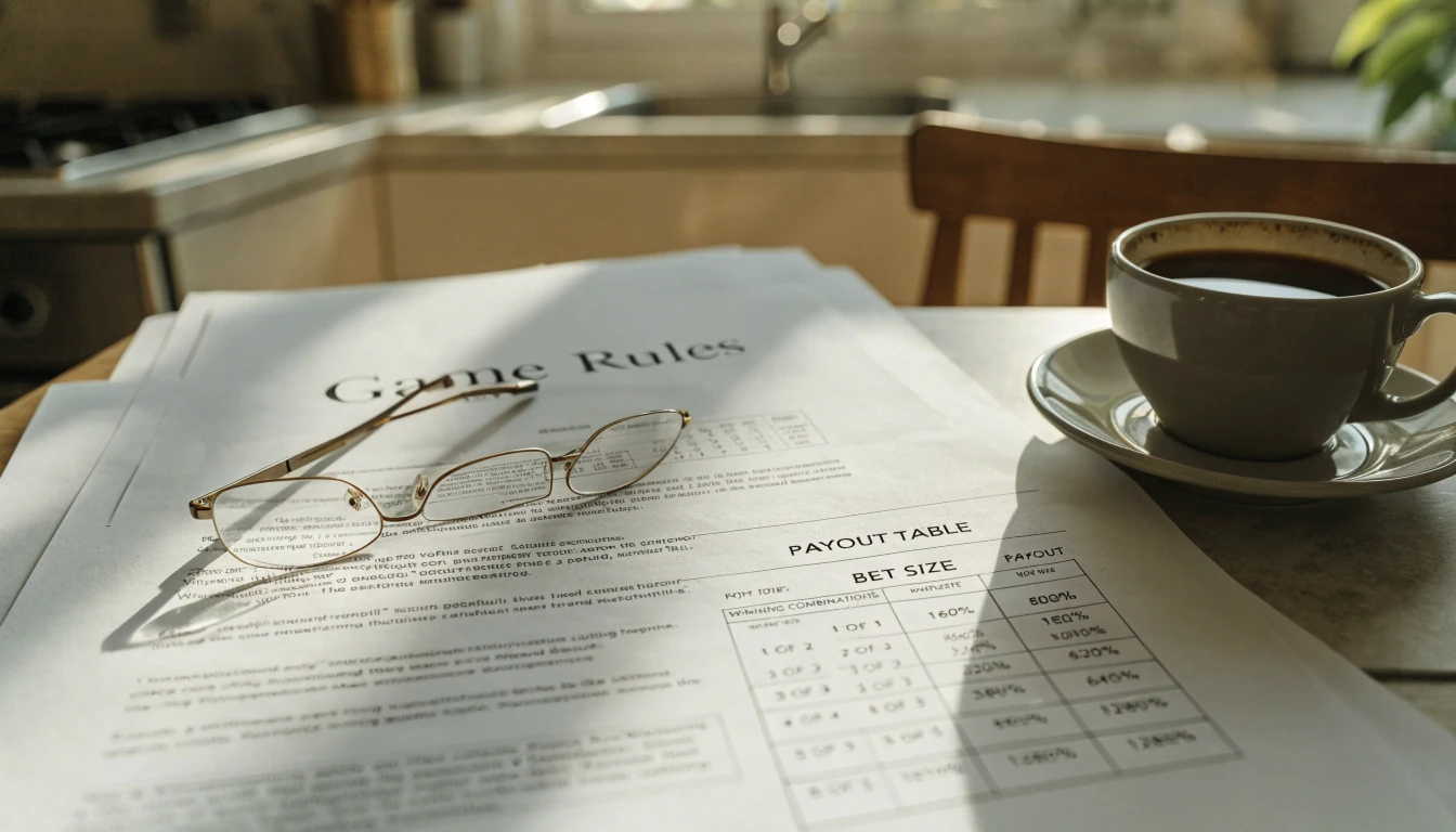Printed rules and payout table on a table with reading glasses