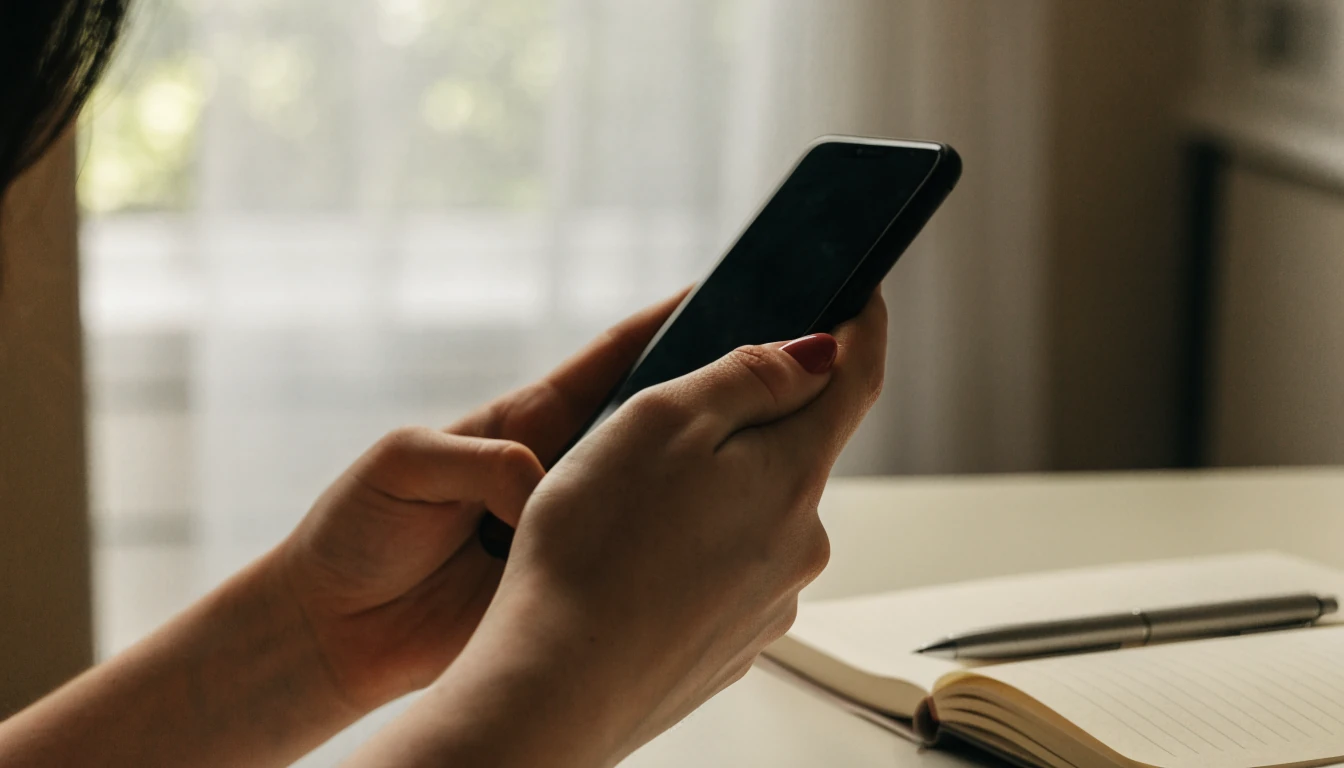 Hands holding a smartphone with the screen turned away on a desk