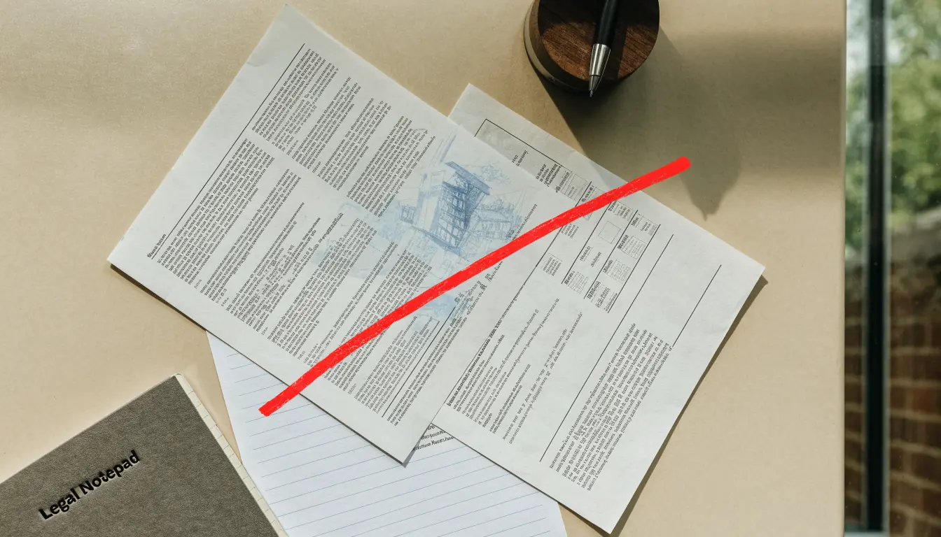 Two overlapping promotional leaflets with a red cancellation mark on a desk