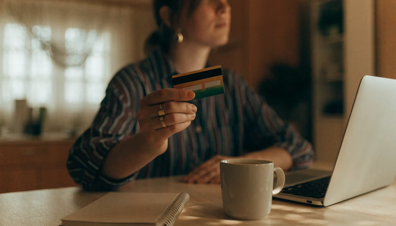 Person holding a credit card near a laptop with the screen turned away
