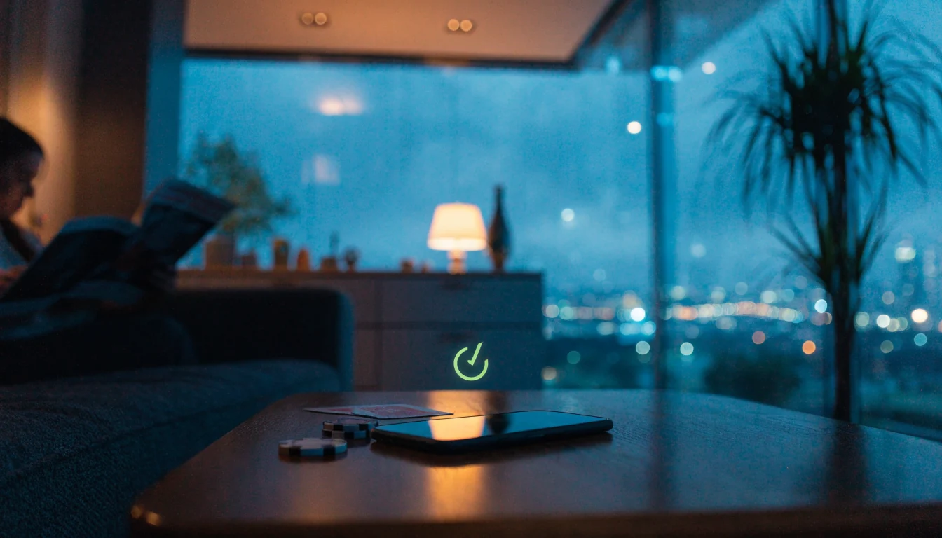 Smartphone face-down on a table with casino chips, suggesting fast payouts in New Zealand.