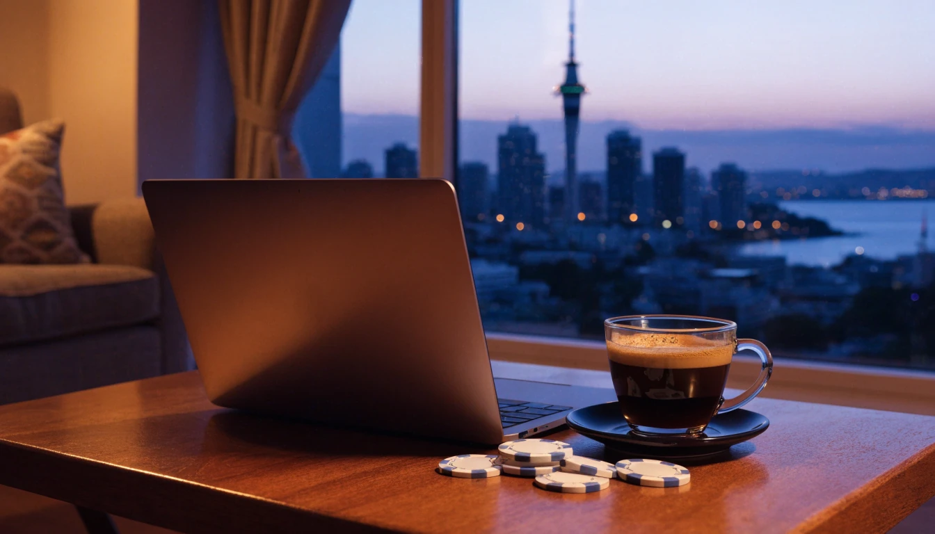 Cozy New Zealand living room with laptop and casino chips overlooking Auckland skyline at dusk